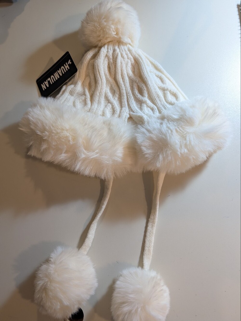 Huamulan Cream Cable Knit Hat with Faux Fur Poms NWT